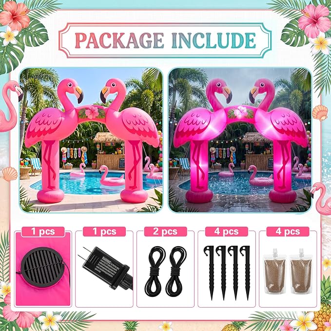 Seenelling 10 FT Inflatable Pink Flamingos Archway Decor Giant Summer Flamingos Arch Built-in LED Lights for Built-in LED Lights for Summer Beach Luau Tiki Theme Pool Party Yard Lawn Decorations