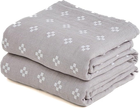 100% Cotton Muslin Blanket, Soft Reversible 4-Layer Gauze Cotton Quilt,Checkered Blanket for Couch Twin Size Bedspread Room Decor Pinic Blanket, 60"×80", Grey/Off White