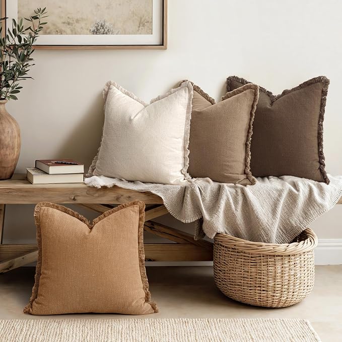 MIULEE Decorative Couch Pillow Covers Neutral Linen Fringe Throw Pillows Set of 4 Accent Rustic Cushions Boho Farmhouse Pillowcases for Bed Sofa Living Room Spring Home Decor 18x18 Inch Neutral Brown