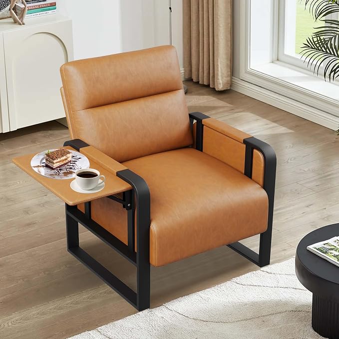 Brown PU Leather Accent Chairs Set of 2 with Side Table Modern Upholstered Armchair Leisure Side Chairs for Living Room Bedroom Office