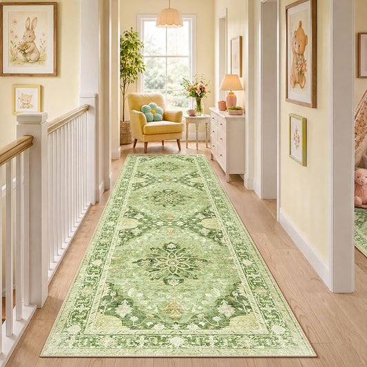 RELEANY Area Rugs Runner 3'x10' Washable Non-Slip, Floral Vintage Distress Medallion Carpet for Kitchen Hallway Bedroom Beside Laundry Room Bathroom, Sage Green Yellow