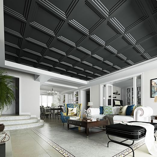 Art3d 12-Pack 2424 Inch PVC Waterproof Drop Ceiling Tiles for Home Décor - 2x2 ft 3D Modern Ceiling Panel for Suspended Grid, Black