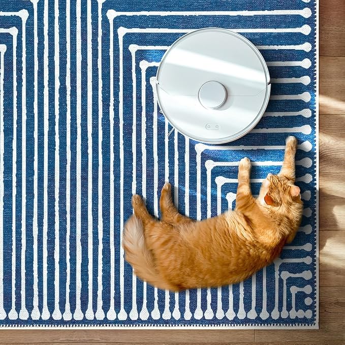 GLN Rugs Contemporary Collection - Machine Washable Area Rug, Contemporary Washable, Non Slip, Low Pile Chenille Rug, Living Room, Bedroom, Kitchen Rug (2' x 3' Lines Blue)