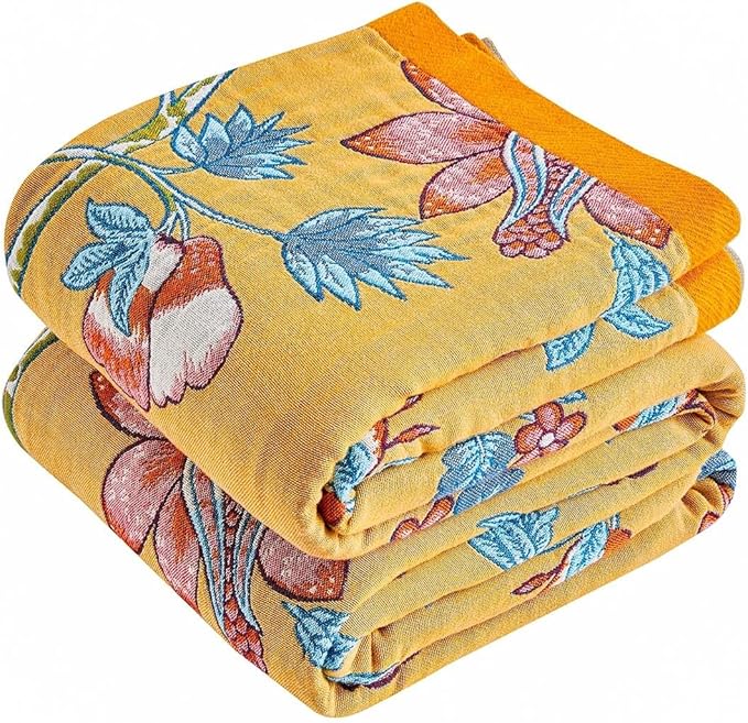 Boho Blanket Soft Muslin Boho Throw Blanket 100% Cotton Blanket All Seasons Reversible Rustic Floral Printed Vintage Rustic Farmhouse Decor Throw for Sofa Couch Chair (Yellow, 60"x80")