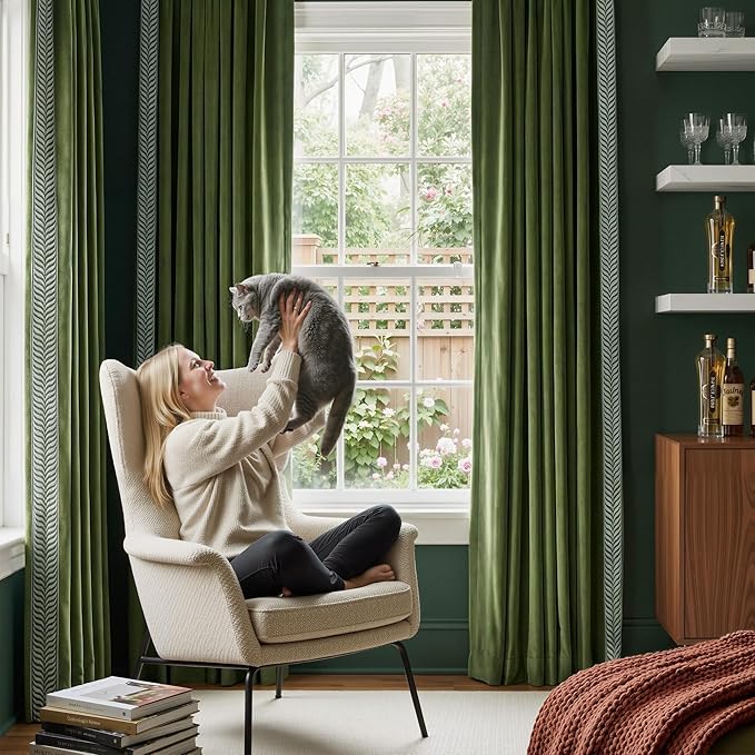 NICETOWN Rod Pocket Embroidered Trim Velvet Curtains, 2 Panels, Olive Green, 96 Inch Length Adjustable Velvet Curtains, Room Darkening Noise Reduce Drape, Modern Window Panels for Bedroom Living
