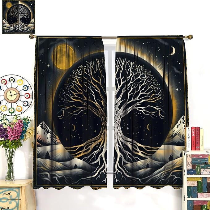 Sun Moon Blackout Curtains, Vintage Country Abstract Tree of Life Bohemian Mystic Window Drapes, for Bedroom Living Room 52" W X 84" L