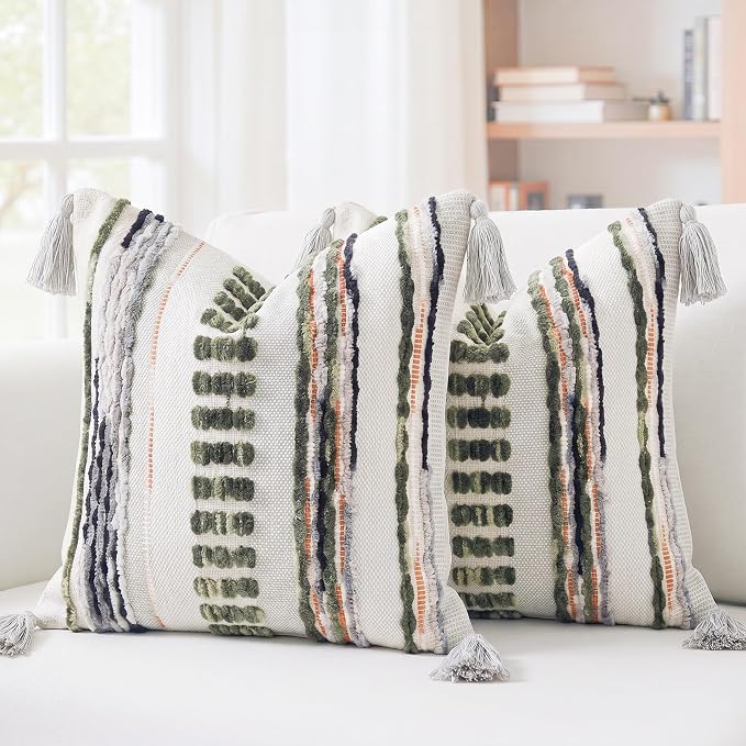 NUYECY Boho Throw Pillow Covers 18x18 Aesthetic Neutral Boucle Couch Pillow Cover Rainbow Striped Decorative Accent Pillow Case for Couch Bed Sofa Farmhouse Bedroom,Modern Funky,Set of 2 Sage Green