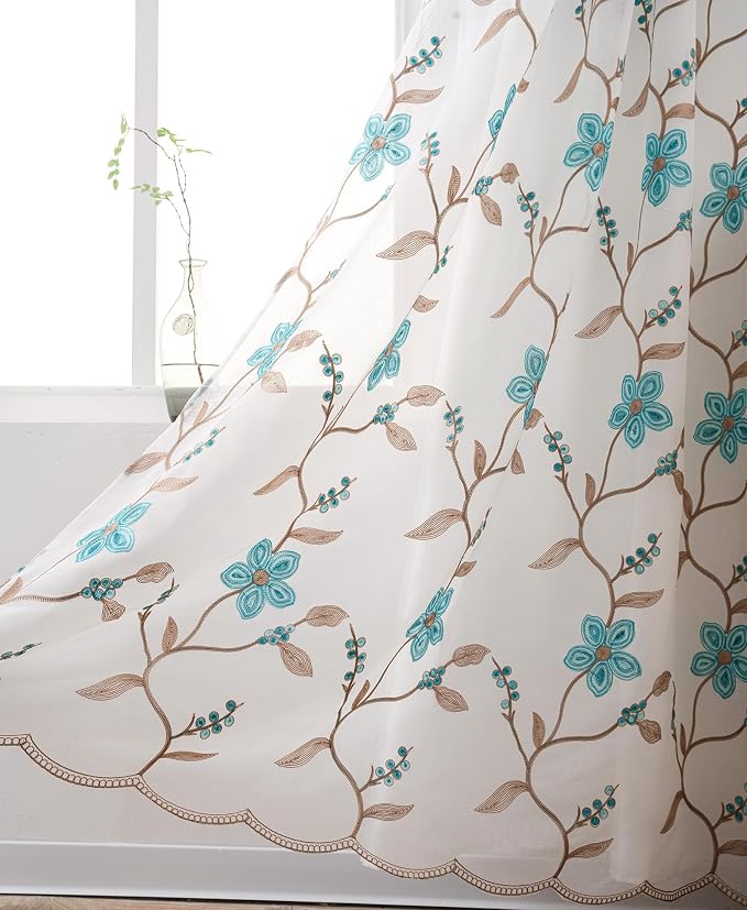 Petrichor Embroidered Sheer Curtain 2 Panels Set - Luxury Window Curtain Attached Valance with Satin Backing and 2 Tie Backs for Living Room,Dining Room, 54x95 inches, Turquoise