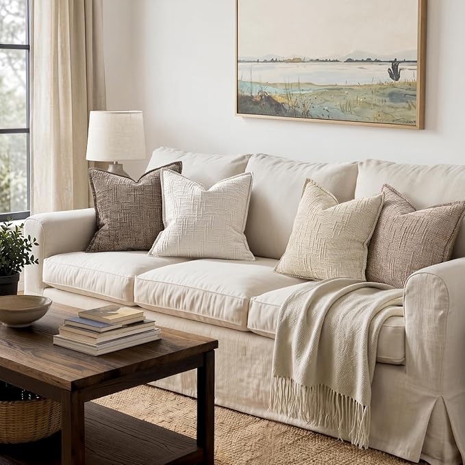 MIULEE Slubby Textured Decorative Throw Pillow Covers 22x22 Inch Set of 2 Boho Farmhouse Soft Cozy Chenille Pillows Cushion Cases Modern Neutral Home Decor for Couch Sofa Bed Living Room, Cream White