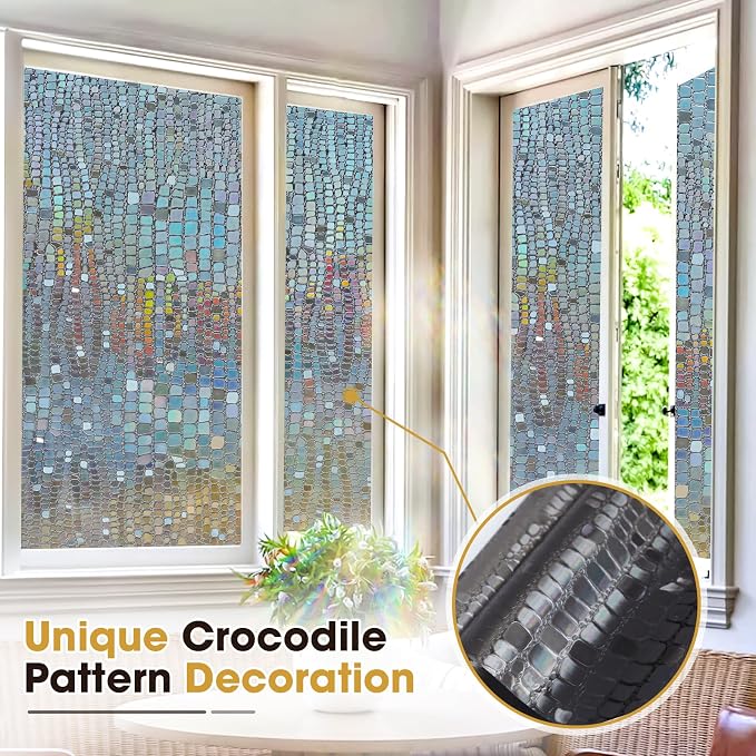 Windimiley Rainbow Window Privacy Film, 3D Stained Glass Christmas Decorative Window Clings, UV Heat Blocking Holographic Prism Stickers for Home (23.6 x 78.5In,Brown)
