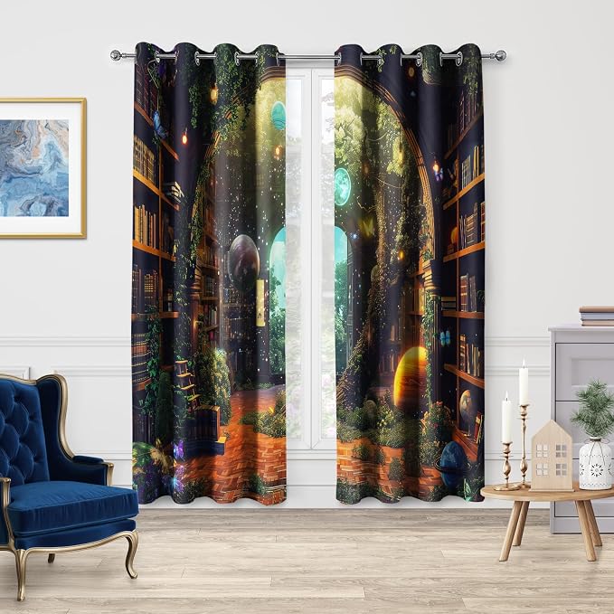 Jekeno Vintage Bookshelf Blackout Curtains Books Bookcase Mysterious Tree Flowers Planet Starry Sky Decor for Bedroom Study Classroom Living Room Darkening Grommet Window Drapes 2 Panel Set, 42"x84"
