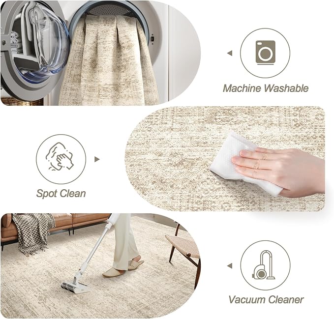 Soalmost 2x3 Washable Rugs for Kitchen, Floor, Entryway, Powder Room Small Area Rug Non-Slip Vintage Low Pile Throw Door Mat Beige