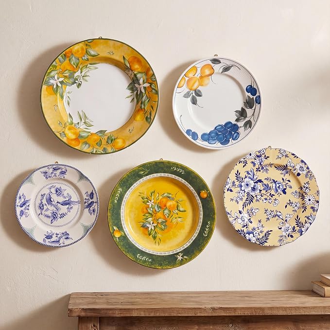 Yiyiring 5 Pcs Coastal Vintage Ceramic Wall Plates Set, Blue White and Yellow Decoration Hanging Plates with Botanical Patterns, Holland Vintage Gifts for Wall, Home Office Art Ornament(Fruit)