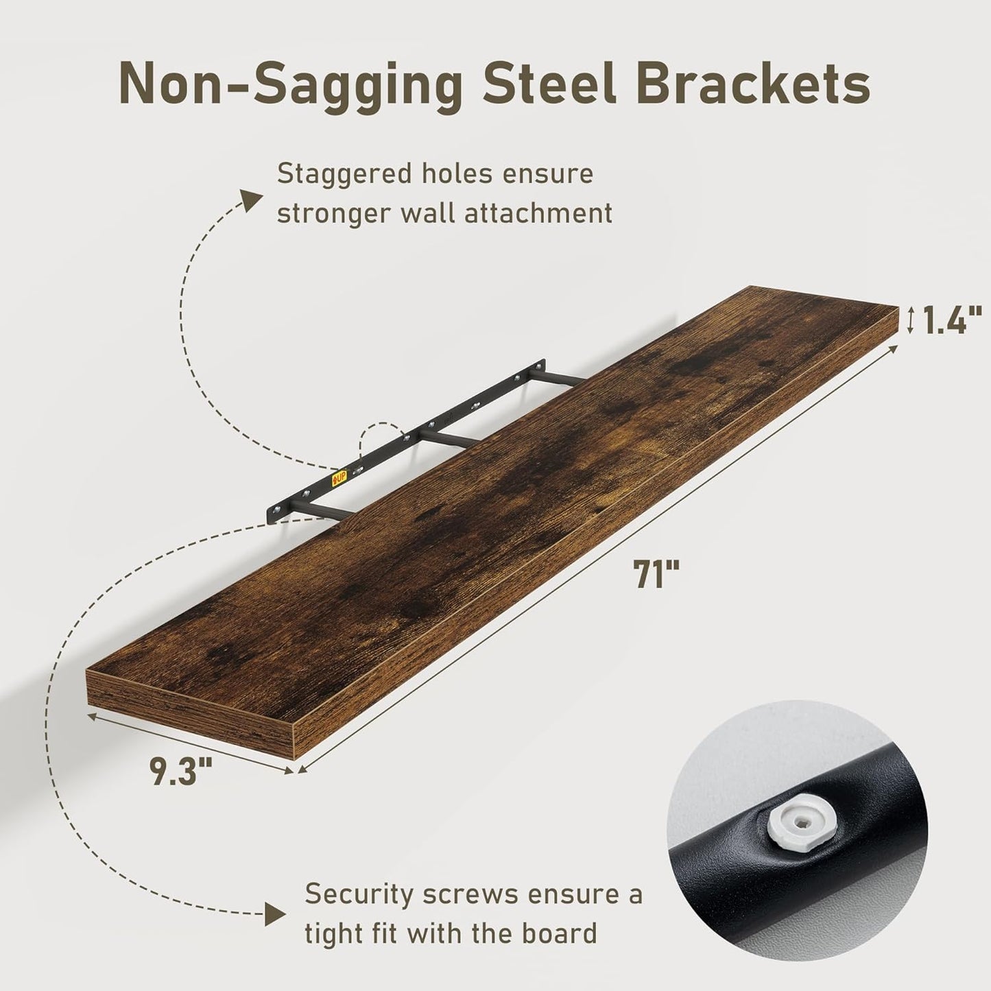 Fun Memories 72 Inch Floating Shelves for Wall 2 Pack Shelves for Bedroom|Kitchen|Bathroom 72 x 9.3 Inch Wood Floating Shelf with Invisible Brackets for Books|Storage|Decor, Rustic Brown