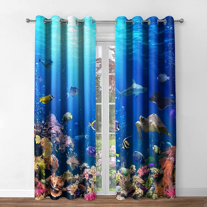 Jekeno Ocean Animal Blackout Curtains Underwater World Sea Turtle Shark Coral Fish Nature Landscape Print Decor Bedroom Living Room Darkening Grommet Window Drapes 2 Panel Set,Blue 42"x 84"