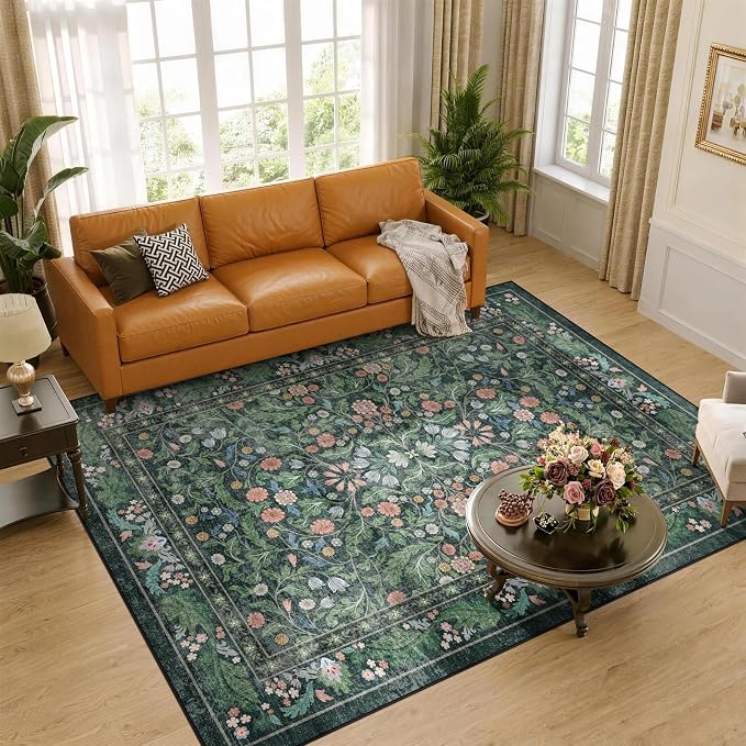 Floral 5x7 Area Rugs for Living Room, Machine Washable Vintage Rug Boho Low Pile Carpets Non Slip Soft Carpet for Farmhouse Bedroom Office Rugs, Kids Room, Nursery Room, Playroom, Green