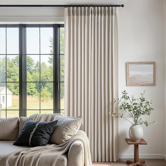 Oatmeal Pinch Pleated Linen Curtains 84 Inch Length 1 Panels for Bedroom Living Room Textured Semi Sheer Window Curtain Boho Neutral Back Tab Pinch Pleat Drape with Hooks 84 Inches Long