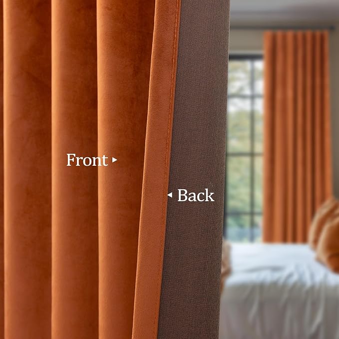 Burnt Orange Velvet Curtains 84 Inch Length for Living Room Darkening 2 Panels Back Tab Pocket Thermal Insulated Fall Long Drapes Western Curtains for Bedroom Mid Century Modern Decor Terracotta Rust