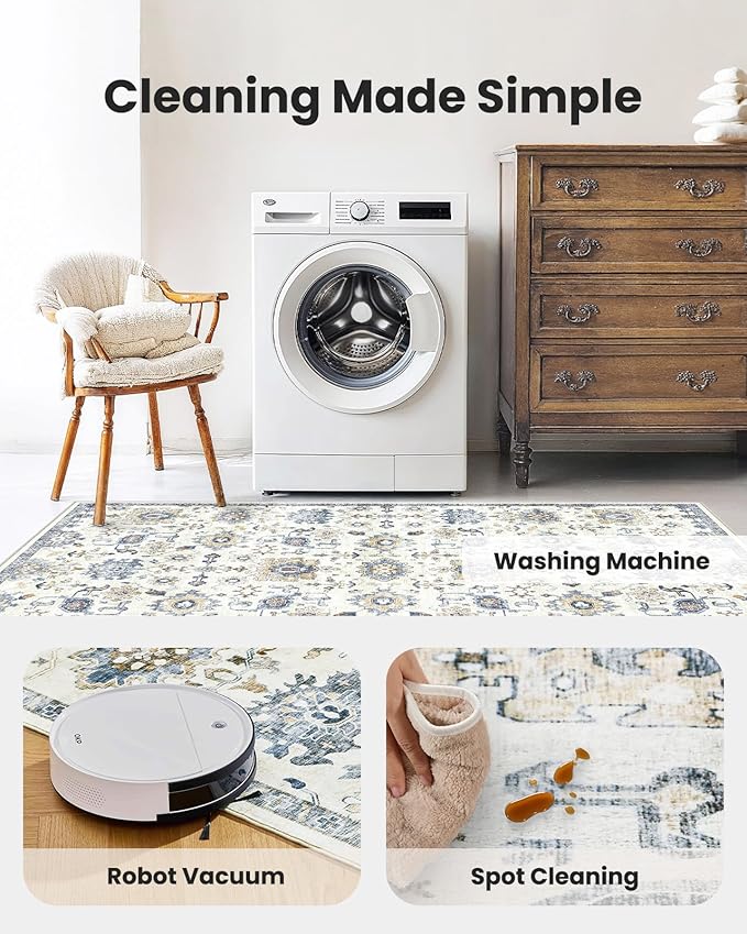 AMADA HOMEFURNISHING 10x14 Washable Area Rug, Low-Profile Large Area Rug with Non-Slip Backing & Durable Edge Binding, Vintage Large Rugs for Living Room, Bedroom & Dining Room