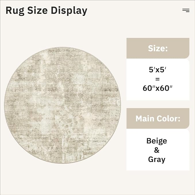 Soalmost 5x5 Beige Gray Round Rug 5ft Living Room Circle Rug Vintage Round Area Rug Non Slip Indoor Carpet for Entryway Dining Room Bedroom