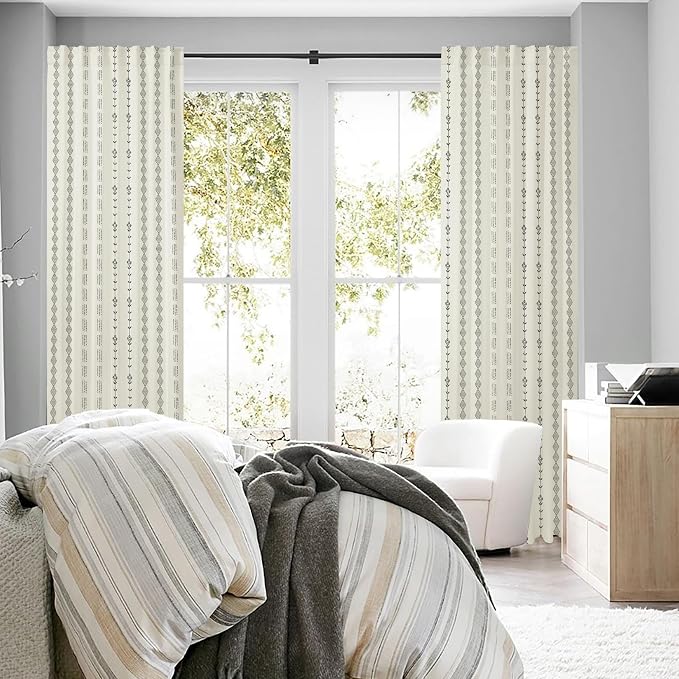 Cream Boho Curtains 63 Inch Length 2 Panels Set, Geometric Pattern Curtains for Bedroom Living Room