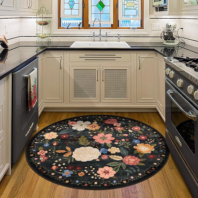 4ft Round Machine Washable Area Rug for Living Room, Black Green Vintage Boho Floral Rug Non-Slip Low Pile Soft Faux Wool Carpet Kids and Pets Friendly for Bedroom Nursery Farmhouse Home Decor Rug