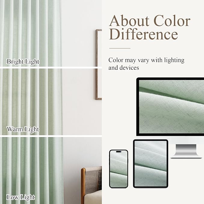 Aersas Aqua Green Linen Curtains 84 Inches Long 2 Panels Set Back Tab Rod Pocket Living Room Curtain Farmhouse Rustic Light Filtering Hook Drapes for Bedroom 52 Inch Width x 84 Inch Length
