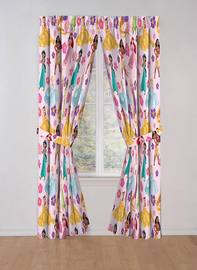 Jay Franco Window Curtains for Kids Bedroom 4-Piece Drape Set with 2 Tiebacks, Pink - Disney Princess, 42" W x 84" L (Pack of 2)