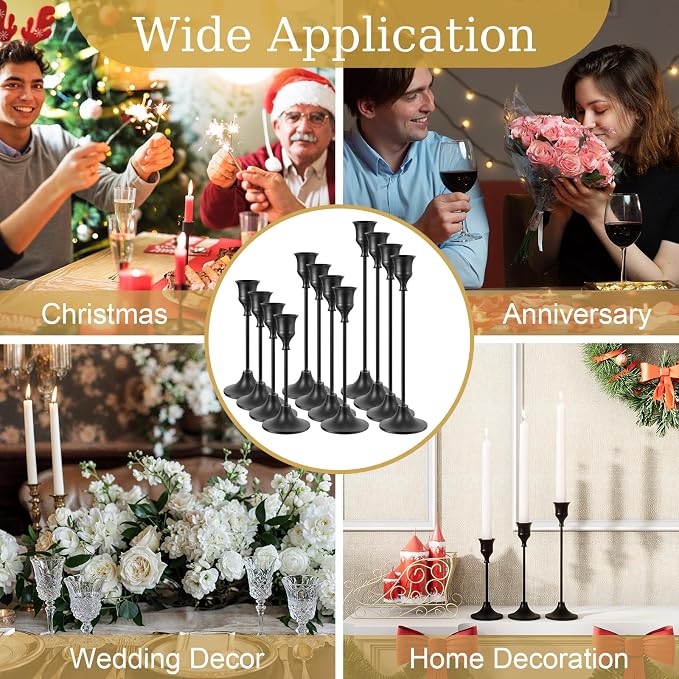 NLBTW Set of 12 Black Taper Candle Holders, Candlesticks Holders Bulk Decorative，Vintage Candlestick Holder Decorative Metal Candle Sticks Home Decor Centerpieces for Table Mantel Festive Decorations