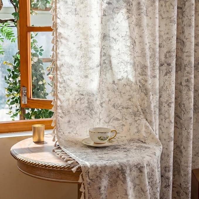 OYX Boho Floral Curtains 63 Inch, Linen Farmhouse Flower Drapes with Lace & Tassels, Light Filtering Semi Sheer Curtains for Living Room Bedroom, 2 Panels