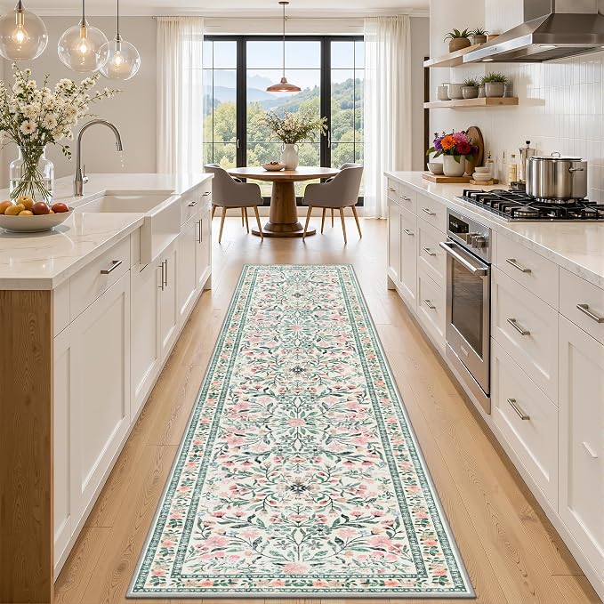 Runner Rug for Entryway: 2.6x10 Kitchen Rugs Non Slip Washable Ultra-Thin Soft Floral Carpet Indoor Floor Stain Resistant Carpets for Hallway Bedroom Kitchen Laundry Bathroom Dorm Green/Beige