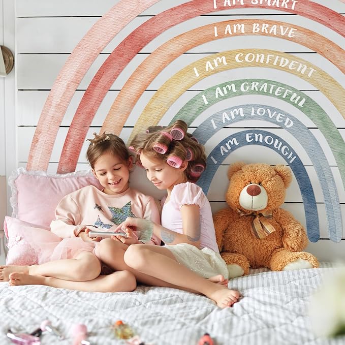 Tinideya 77" x 47'' Large Watercolor Rainbow Wall Decal with Inspirational Quote, Peel and Stick Rainbow Stickers Watercolor Vinyl Wall Mural Art for Girls Toddlers Playroom Bedroom Classroom(Cute)