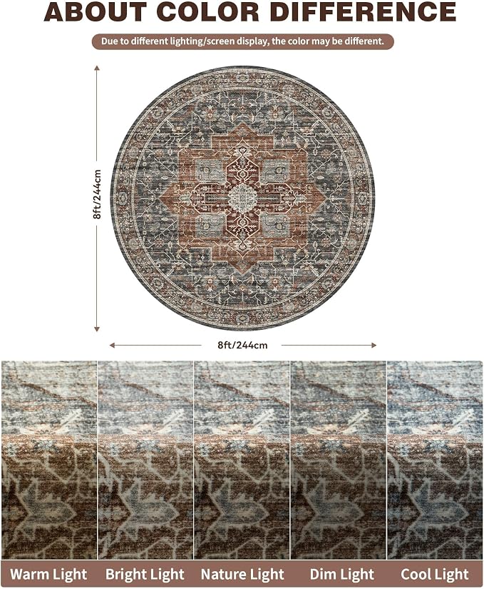 Roxstand Washable 8ft Round Rug - Vintage Large Non-Slip Circle Rugs for Living Room, Low-Pile Stain Resistant Round Area Rug for Bedroom Dining Room (Grey/Brown/Tan)
