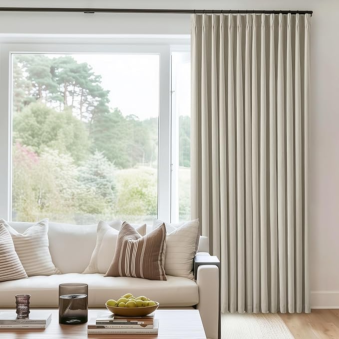 Beige Pleated Linen Blackout Curtains 102 Inches Long for Bedroom Living Room Pinch Pleat Black Out Thermal Insulated Ring Hooks Room Darkening Drapes Oatmeal Light Tan Curtains with Liner 40x102