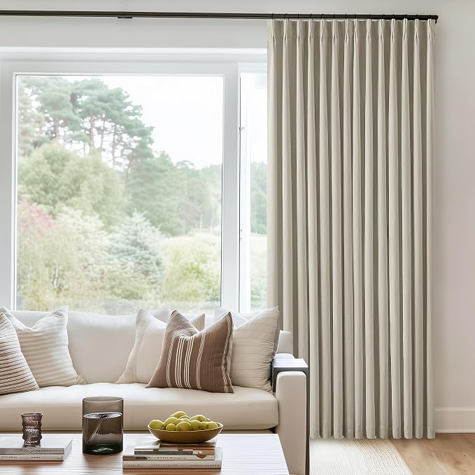 Light Beige Pinch Pleated 100% Blackout Linen Bedroom Curtains 96 Inch Length Double Layer Pleat Curtains Ring Hooks Back Tab Black Out Room Darkening Drapes 96 Inches Long Living Room Oatmeal