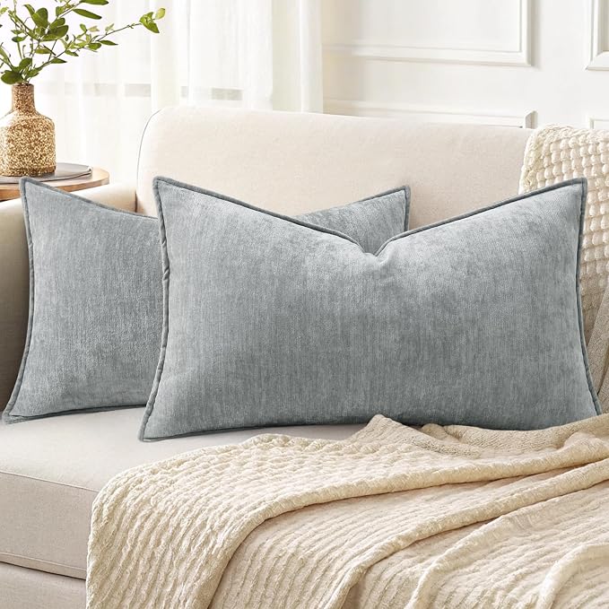decorUhome Fall Couch Throw Pillow Covers 12x20 Set of 2, Decorative Soft Velvet Modern Cozy Chenille Lumbar Pillow Cases with Elegant Design for Sofa Bed Living Room Home Decor, Ultimate Gray