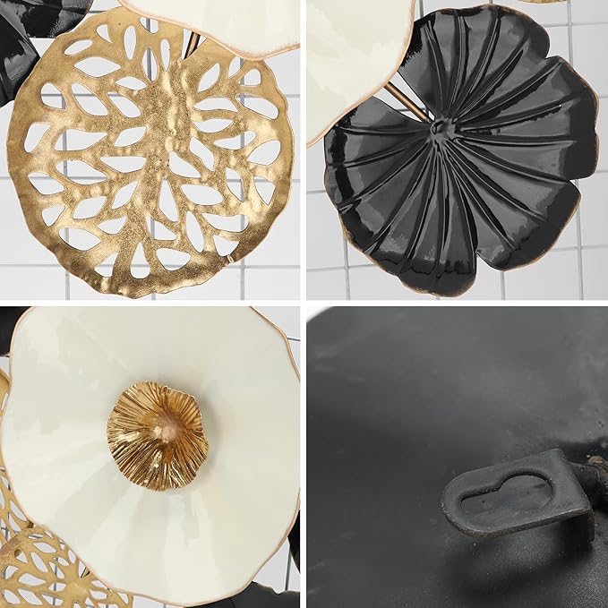 Arborus Modern Floral Metal Wall Art - Elegant Black, Gold, and White Decorative Flower Sculpture for Home & Office Décor (43.3" x 23")