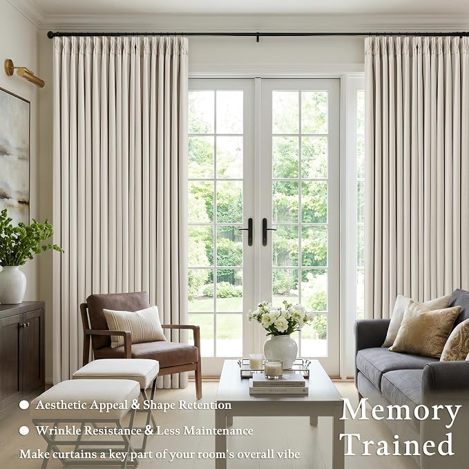 60 Inch Extra Wide 100% Blackout Curtains 96 Inches Long 1 Panel for Bedroom, Natural Memory Trained Pleated Thick Linen Thermal Noise Reducing Neutral Windows Curtain Light Blocking Drapes 60x96