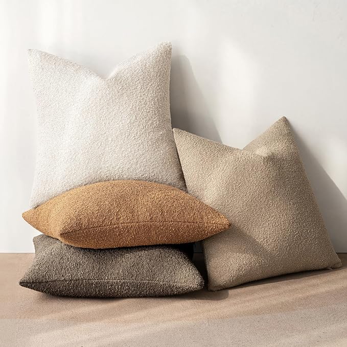 MIULEE Pack of 4 Fall Decorative Textured Boucle Throw Pillow Covers | 22x22 Inch Neutral Brown Accent Euro Sham Pillow Cases Couch Cushion Covers Modern Farmhouse Boho Sofa Bed Room Home Decor
