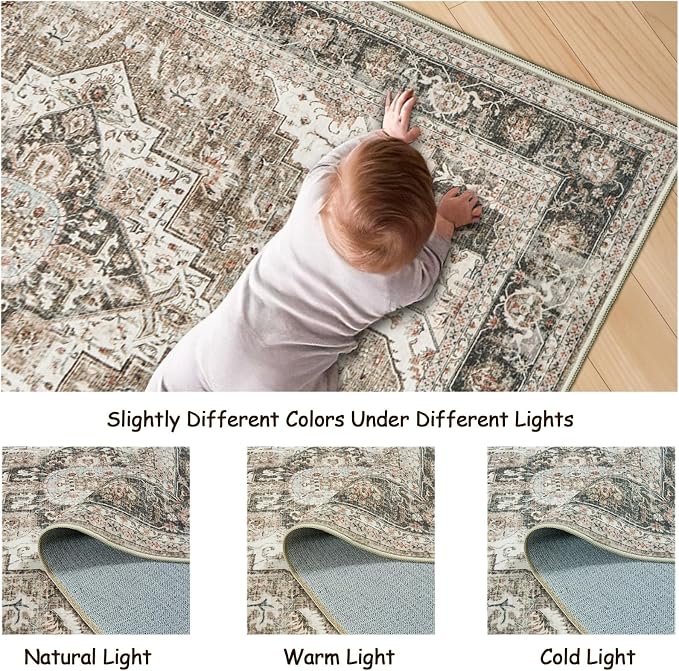 Roxstand 3x5 Area Rug - Washable Kitchen Rugs Non Slip,Soft Low Pile Small Rug for Entryway, Stain Resistant Vintage Area Rugs for Home Decor(Brown/Beige, 3'x5')