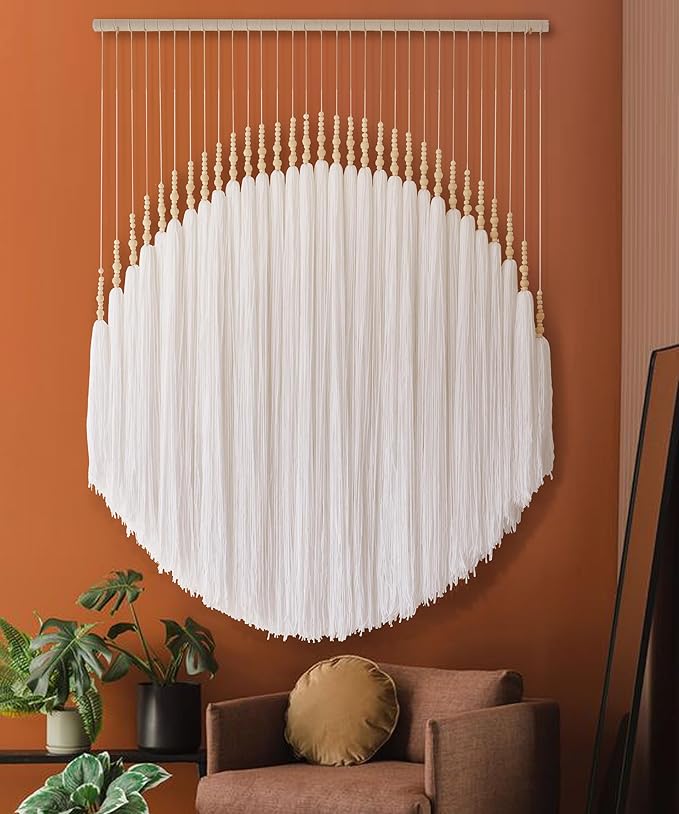IOWER Boho Wall Decor Yarn Wall Hanging Macrame Wall Hanging Fiber Wall Art White Beads Tassel Wall Decor Boho Chic Home Decor 39" W x 55" L