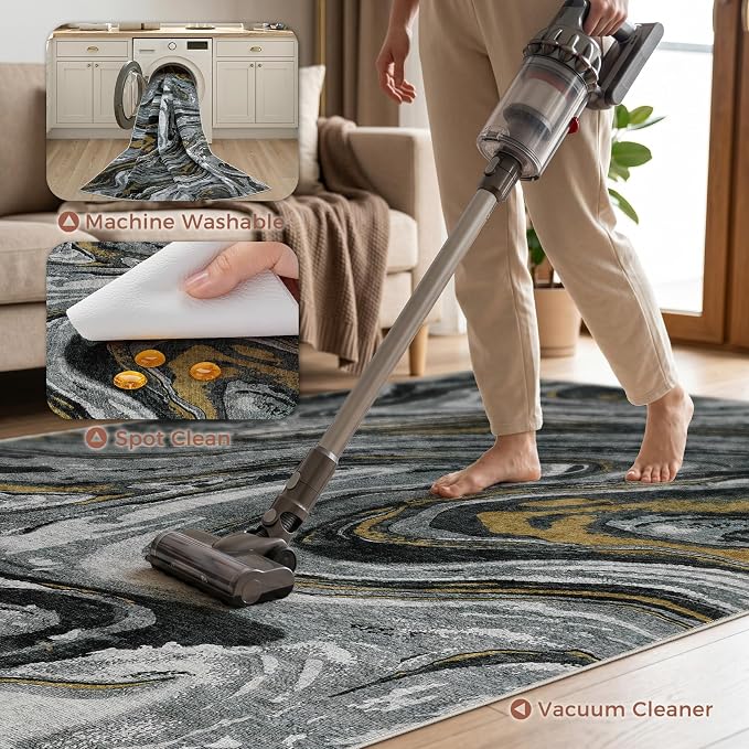 DMOYEST 10x14 Area Rug for Living Room-Washable Neutral Modern Abstract Rugs Soft Non-Slip Carpet Low Pile Indoor Floor Mat for Bedroom & Dining Room Decor for Families with Kids and Pet-Black Golden