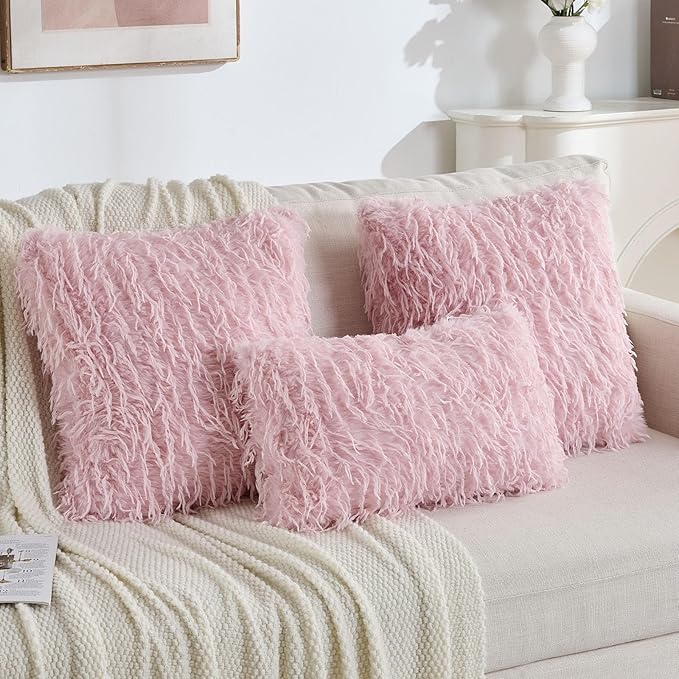 FUTEI Pack of 2 Faux Feather Plush Throw Pillow Covers 22x22 Inch Soft Fluffy Solid Farmhouse Decorative Cushion Cases Modern Luxury Accent for Couch Bed Living Room, Pink