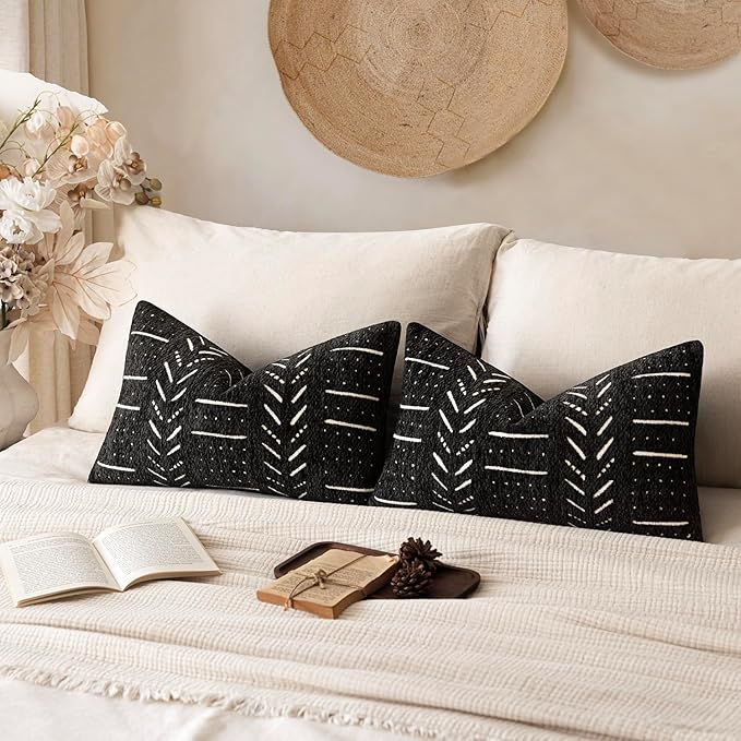 Home Décor Decorative Boho Chenille Throw Pillow Covers Neutral Cozy Lumbar Cushion Covers Textured Soft Farmhouse Pillowcase for Couch Sofa Chair Bed Living Room, 12×20 Inch, Set of 2, Black
