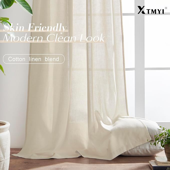 XTMYI 63 Inches Long Beige Country Curtains for Living Room,Sheer Linen Curtains for Bedroom
