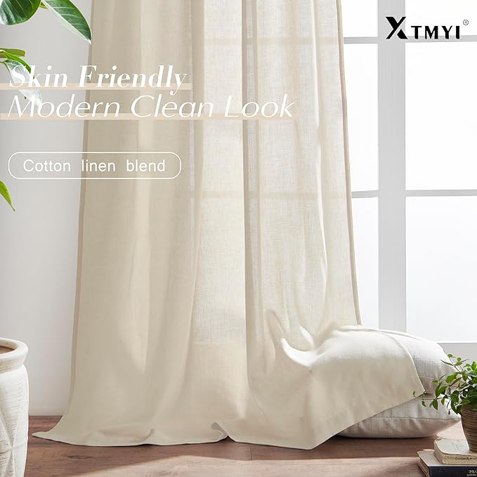 XTMYI Contemporary Curtains for Living Room,Pleat Hooks Linen Semi Sheer Ruffle Curtains for Master Bedroom 2 Panels,90 Inch Long,Beige