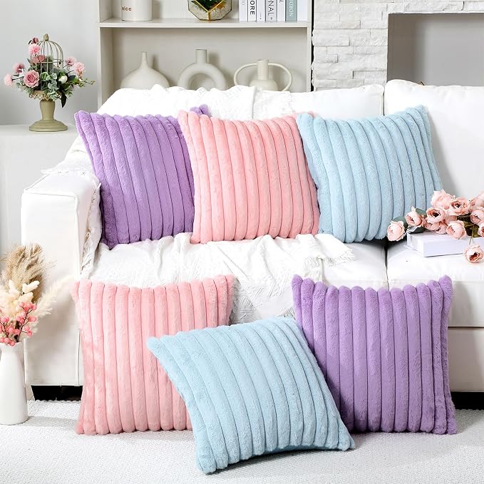 Mixweer 6 Pcs Back to School Faux Fur Plush Throw Pillow Covers 18x18 Inch Pastel Fluffy Decorative Striped Pillow Covers with Velvet Back for Sleepover Slumber Party Tent, Sofa, Classroom Home Decor