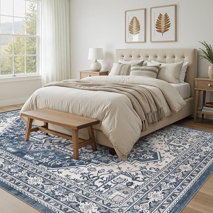 UERMEI 8x10 Area Rug for Living Room - Washable Vintage Carpet, Non-Slip Soft Large Indoor Floor Rugs for Bedroom Home Office & Under Dining Table Decor, Denim Blue/White