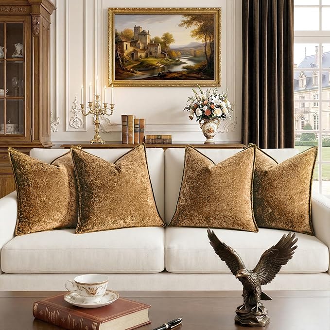 a moment Throw Pillow Covers 16X16 Inch 4 Packs,Soft Velvet Decorative Pillow Cases with 3D Ice Flower,Texture Modern Accent Cushion Covers for Sofa Couch Home Decor Golden Brown