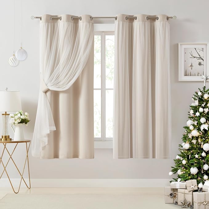 Bujasso Beige 80% Blackout Curtains with Sheer Overlay Mix and Match Double Layer Thermal Insulated Window Panels 63 inch for Living Room Bedroom Beige Drapes with Tiebacks Grommet Top 37" Wx63 Lx2